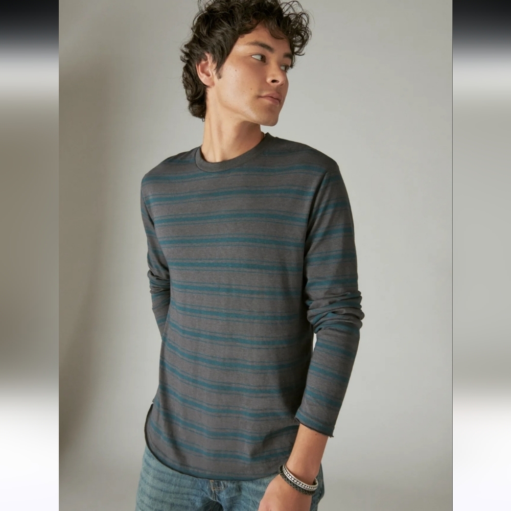 Lucky Brand Venice Burnout Long Sleeve Crewneck Striped Shirt Blue Grey M